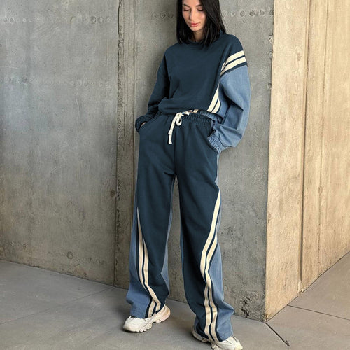 Autumn Winter Sports Contrast Color Striped Sweater Sets Pullover Top Drawstring Trousers Two Piece Set