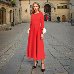 French Elegant Autumn Round Neck Long Sleeve Three Dimensional Floral Stitching Solid Color Maxi Dress Women