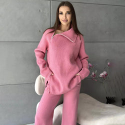 High Collar Zipper Knitted Sweater Women Suit Autumn Winter Knitted Western Wide Leg Two Piece Suit