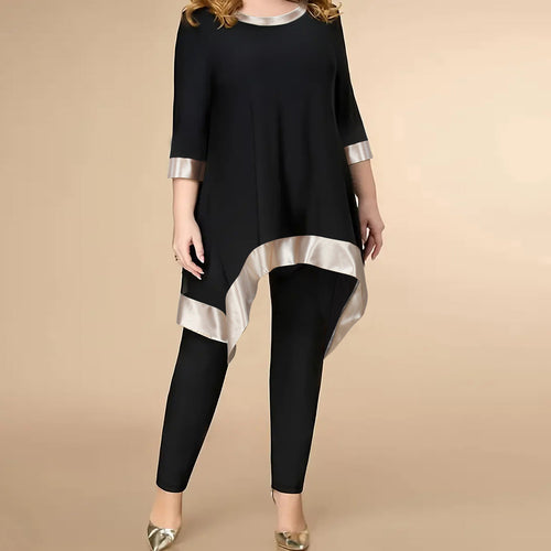 Loose Irregular Asymmetric Top Mid Sleeve Stitching Hem Casual Pants Set