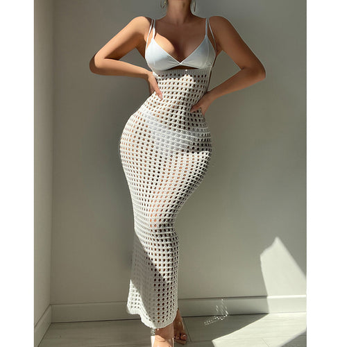 Women  Knitted Camisole Hollow Out Cutout Texture Sexy Slim High Waist Maxi Dress Beach Cover up Dress