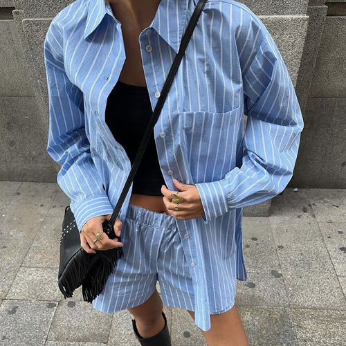 Blue Striped Collared Loose Long Sleeved Shirt Street Shooting Casual Mid Waist Shorts Suit