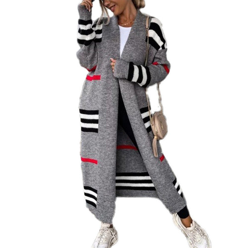 Women Clothing Sweater Long Striped Sweater Oversized Loose Cardigan Contrast Color Knitted Coat