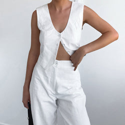 Cotton Linen Pure White V Collar Slim Fit Vest  Two Piece Set