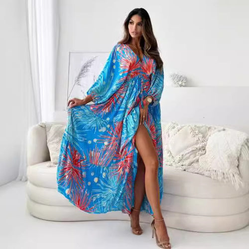 Autumn Three Quarter Sleeve Sexy Deep V Plunge Multi Color Floral Print Slit Dress