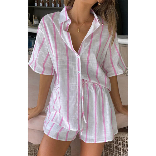 Spring Summer Striped Printed Short Sleeve Shirt Shorts Suit Beach Casual Two Piece Suit Women Clothing