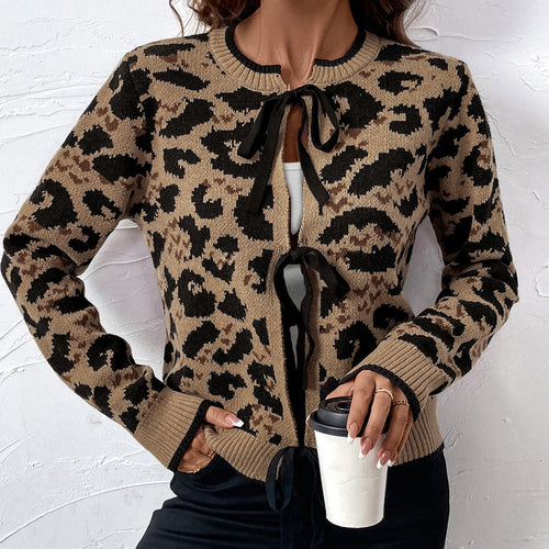 Popular Leopard Bow Lace up Sweater Autumn Winter Cardigan Knitted Top for Women