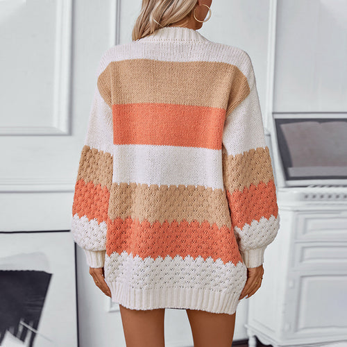 Contrast Color Striped Sweater Cardigan Women Autumn Winter Casual Loose Lantern Sleeve Sweater