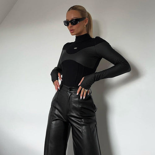 Knitted Turtleneck Leather Stitching Long Sleeve