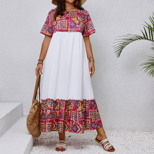 Bohemian Maxi  Round Neck Short Sleeve Long Pattern