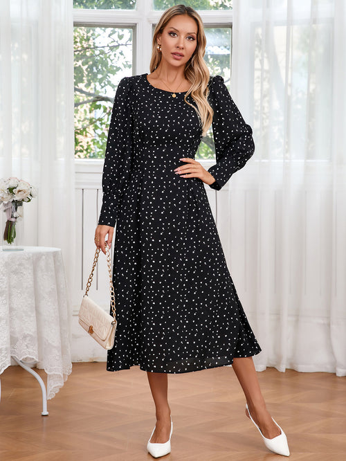 Women Clothing Dress Autumn Elegant Small Floral round Neck Tied Long Sleeves Dress