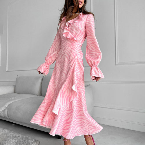 Gentle Pink Elegant Ruffled V Neck Flared Sleeves Fishtail Dress Autumn Lace Up Maxi Dress