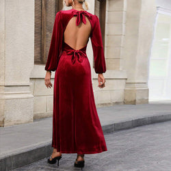 Women Clothing Velvet Dress Autumn Winter High Grade Backless Maxi Dress