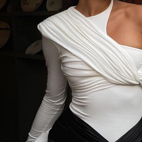 Tight Half Sleeves One-Shoulder Pleated