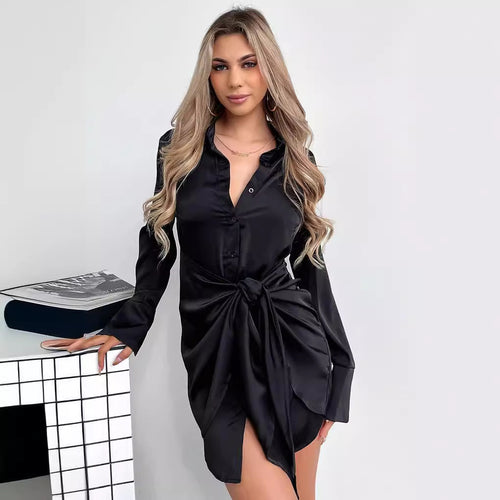 Long Sleeve Women Clothing Spring Autumn Black Button Tied Dress