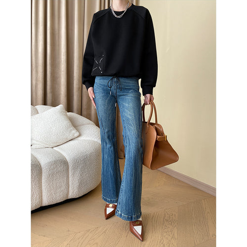 Tone Embroidery Drawstring Loose round Neck Raglan Sleeves Casual Sweatshirt