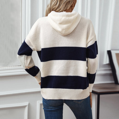 Hooded Color Contrast Pullover Sweater Top Women Autumn Winter Loose Casual All Matching Women Knitwear Top