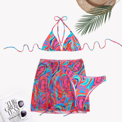 Split Three Piece Tie Dyed Printed Bikini