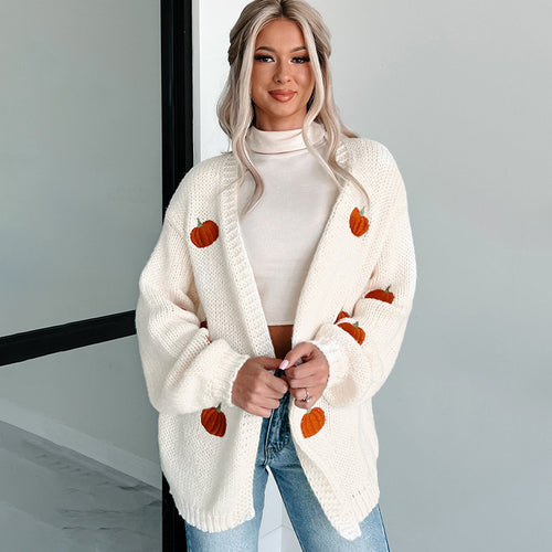 Solid Color Pumpkin Embroidered Three Dimensional Sweater Women Street Trendy Cardigan Sweater Long Sleeve Coat