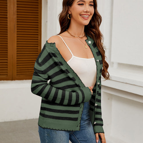 Women Striped Sweater Button Knitted Cardigan Coat Autumn Winter