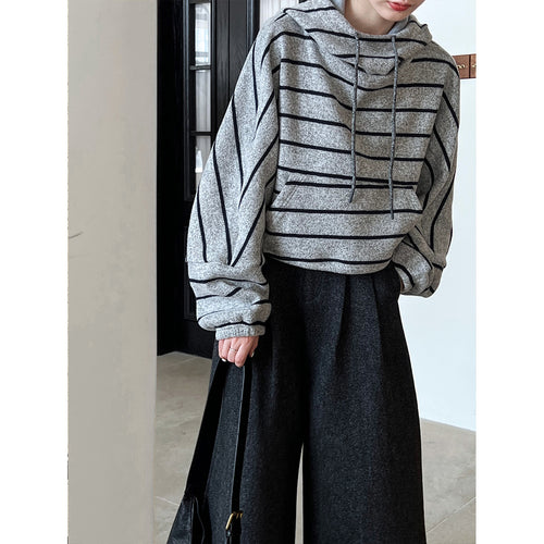 Stitching Contrast Color Stripes Hooded Thick Sweatshirt Women Autumn Winter Casual Loose Top