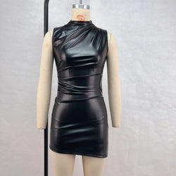 Women Clothing Autumn Winter Stand Collar Sleeveless Pleated Waist Tight Sheath Dress Irregular Asymmetric Faux Leather