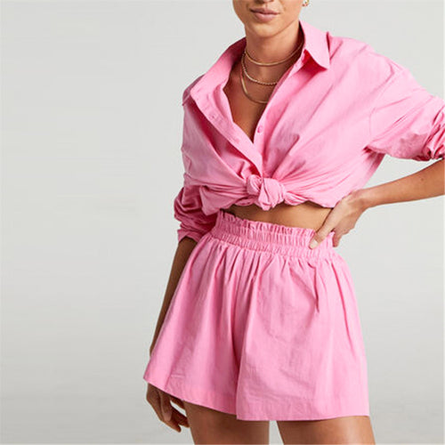 Single Breasted Collared Shirt Shorts Loose Casual Two Piece Suit Women