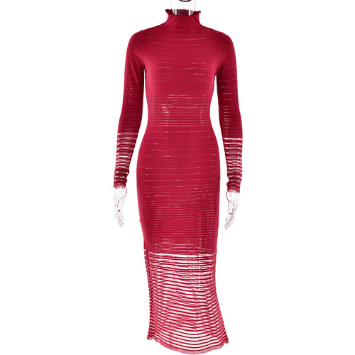 Autumn Winter Dress Knitted Long Sleeved Sexy Slim Striped See through Dress