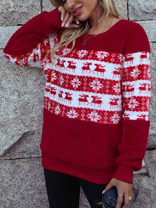 Autumn Winter Women round Neck Long Sleeve Pullover Loose Christmas Plush Casual Sweatshirt