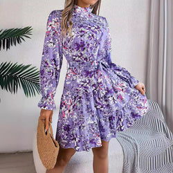 Elegant Stand Collar Floral Waist Controlled Long Sleeves Ruffled