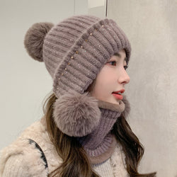 Jiayi Winter Women's Knitted Hat Korean-style Fashionable All-match Real Rabbit Fur Hat Fleece-lined Thickened Wool Hat Cycling Windproof