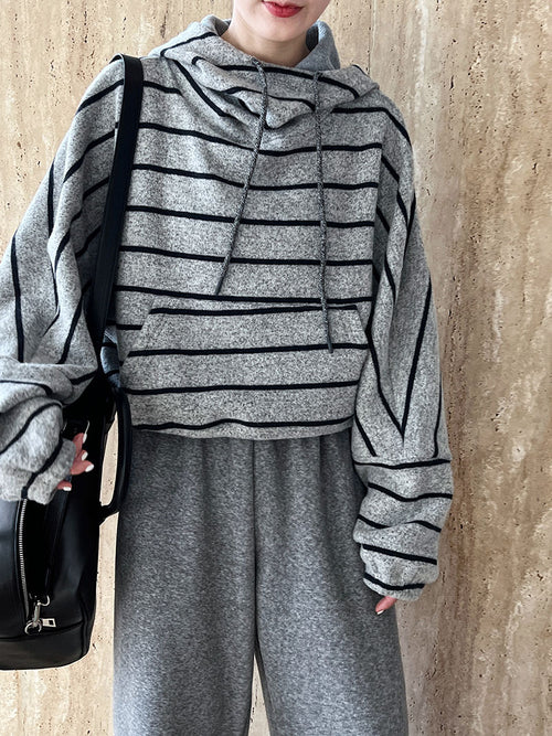 Stitching Contrast Color Stripes Hooded Thick Sweatshirt Women Autumn Winter Casual Loose Top