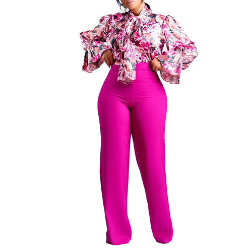 Loose Large Size Casual Printed Long-sleeved Shirt Wide-leg Pants Cross-border Two-piece Set