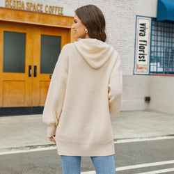 Women Clothing Sweater Autumn Winter Pullover Hooded Solid Color Sweater Geometric Abstract Thread Mid Length Top