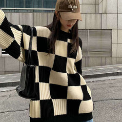 Chessboard Plaid Sweater for Women Autumn Winter Niche Top Retro Japanese Idle Knitwear