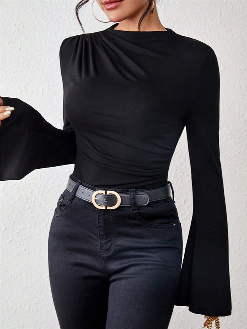 Autumn Winter Pleating Bell Sleeve Stand up Collar Slim Fit T shirt