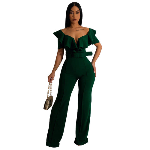 Women Clothing V Neck Flounce Sexy Waist Trimming Jumpsuit Women