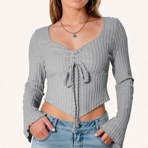 Autumn Winter V neck Drawstring Bell Sleeve Women Clothing Sexy Slim Fit Short Cropped Top