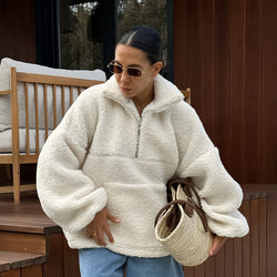 Autumn Winter Personalized Beige Knit Casual Lamb Cashmere Small Stand-up Collar Puff Sleeve Plush Loose Sweater Women