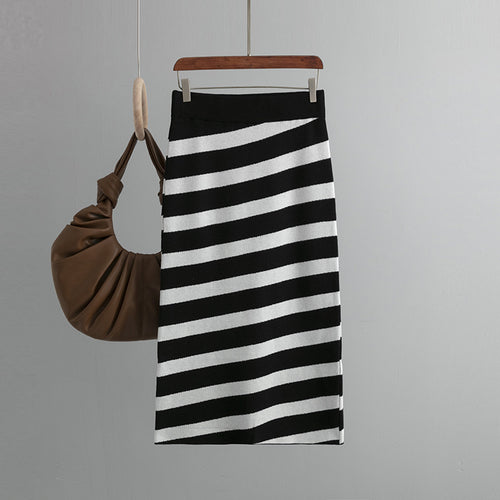 Autumn Oblique Striped Knitted Skirt Women  Slim Fit Slimming Mid Length One Step Skirt Hip Skirt