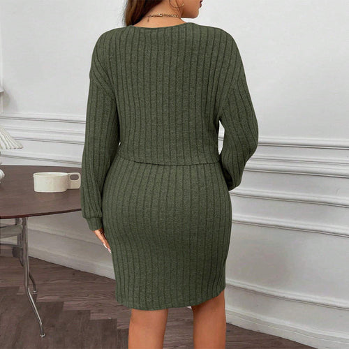 Plus Size Women Clothing Simple Office Dress Autumn Winter Adult Lady like Woman Office Worker Two Piece Short Dress