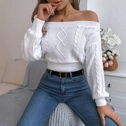 Real Shot Autumn Winter Casual Solid Color off the Shoulder Long Sleeve Pullover Sweater Women Clothing