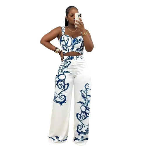 Printed Suspenders High Waist Wide Leg Pants Two Piece Set