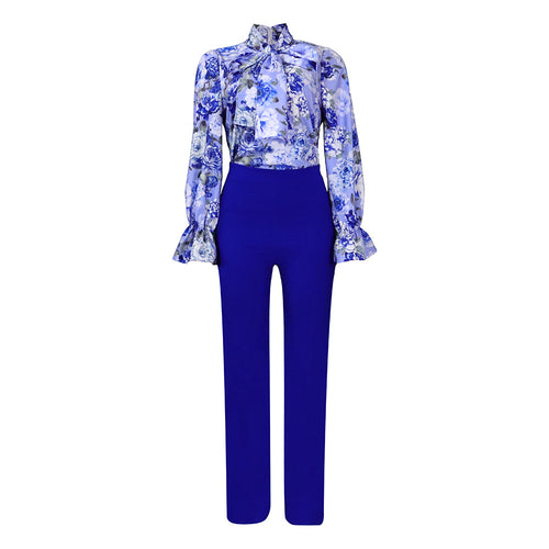 Loose Large Size Casual Printed Long-sleeved Shirt Wide-leg Pants Cross-border Two-piece Set