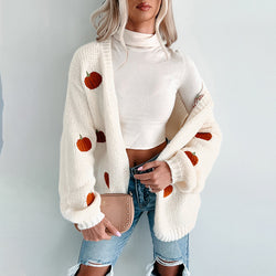 Solid Color Pumpkin Embroidered Three Dimensional Sweater Women Street Trendy Cardigan Sweater Long Sleeve Coat