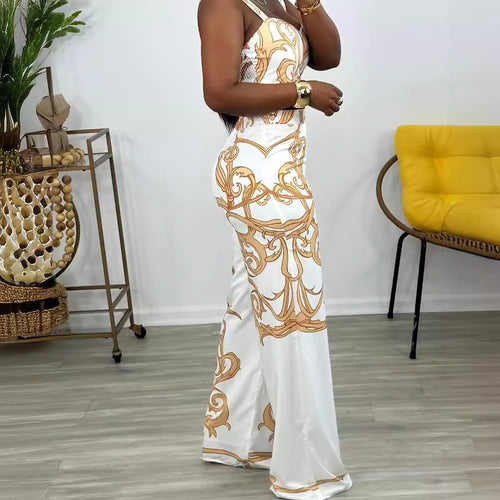 Printed Suspenders High Waist Wide Leg Pants Two Piece Set