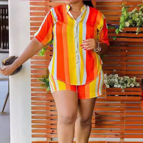 Set Striped Shorts Shirt Casual Vacation Two Piece Set