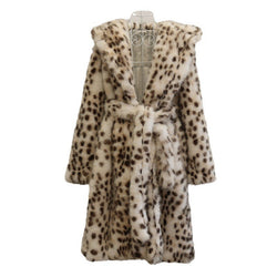 Women Leopard Print Faux Fur Coat Fox Fur Long Cut Coat Toka Wool Hooded Warm Winter Mink Velvet Trench Coat