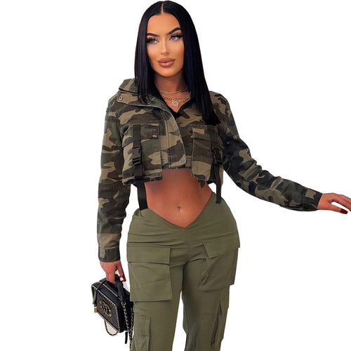 Navel Pocket Lace-up High Neck Water Camouflage