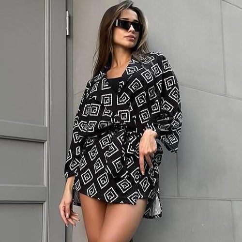 Printed Long Sleeve Nightgown Shorts Two Piece Set Ladies Homewear